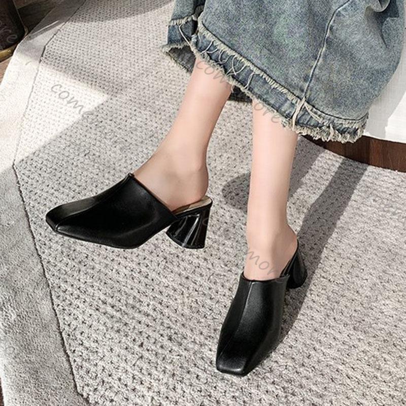 Comemore High Heels Mules Women Slippers Summer Shoes 2025 New Elegant Solid Color Casual Chunky Heeled Baotou Half Slipper