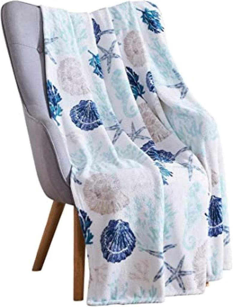 Coastal Starfish Seashell Coral Flannel Throw Blanket, Blue Ocean Nautical Print Soft Warm Lightweight Blanket for Sofa Bed Beach Home Decor Gift