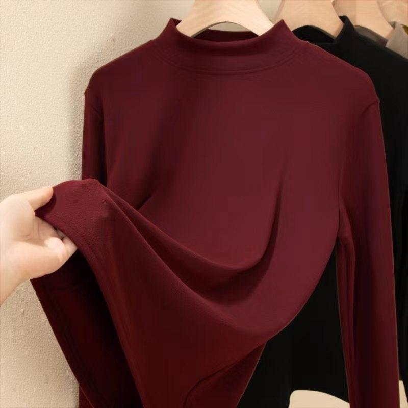 Ladies' Autumn And Winter Solid Color Long Sleeved Half High Neck T Shirt Base Shirt