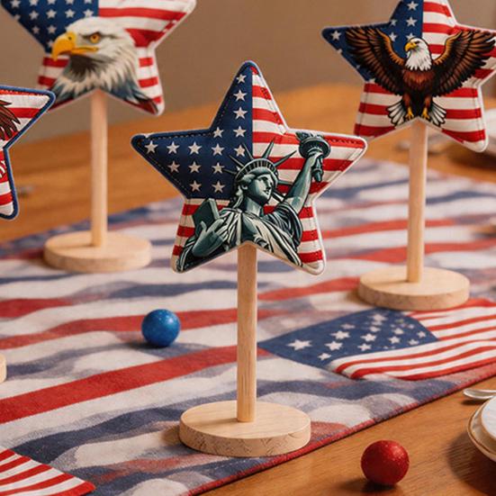 6 Pcs 4th of July Star Ornaments for Tiered Tray Decor, Patriotic Stuffed Fabric Star with Stand, American Blue