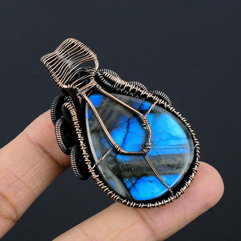 Blue Flash Labradorite Handmade Pendant, Natural Gemstone Jewelry, 999 Copper Wire Wrapped Pendant Jewelry, For Gift