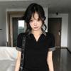 Black plaid splicing polo collar half-sleeved T-shirt women's summer academy style design sense niche fake two-piece top