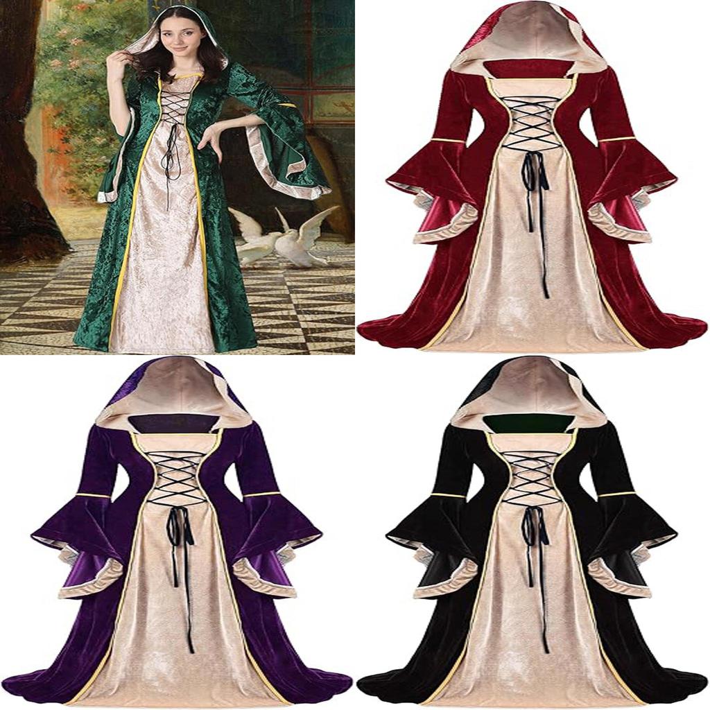 Medieval Vintage Court Dress With Velvet Fabric And Puff Sleeves For Halloween Costume Enthusiasts