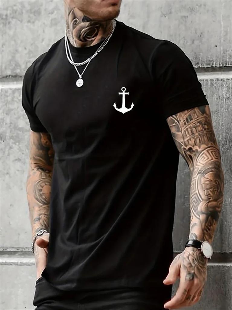 Men's Summer Casual Loose Size 100% Cotton Anchor pattern Print Round Neck Short Sleeve T-shirt Top