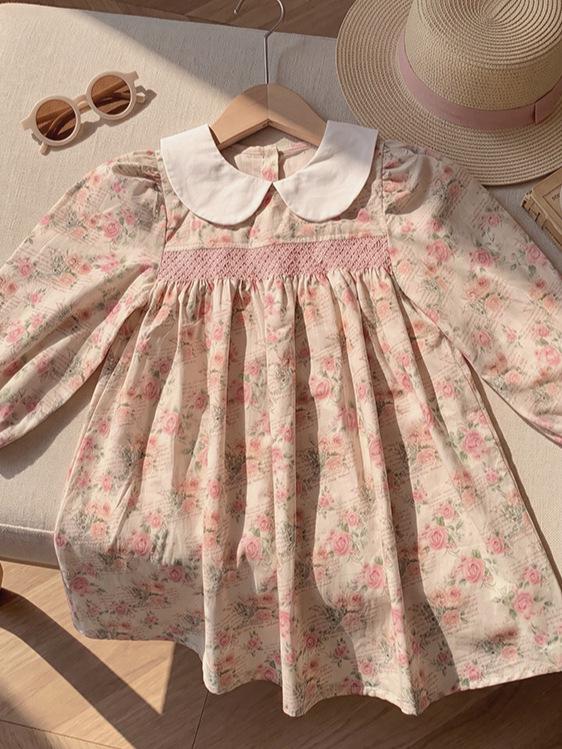 2026 Autumn French-Korean Style Doll Collar Girls' Printed Long Sleeve Dress with Ruched Skirt