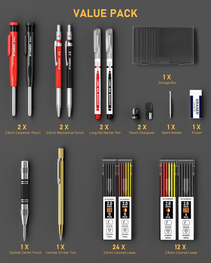 STAGEEK Construction Mechanical Pencil Mechanical Scribing Center and Leads and with Case 17-Piece Set 2.8mm Carpenter's Pencil, Pen, Punch, Marker,