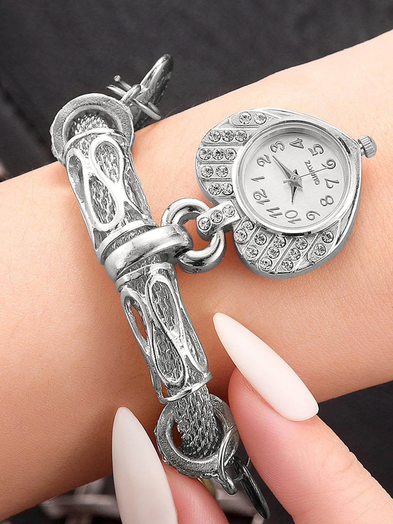 

Цилиндрическая стальная сетка с браслетом, часы с корпусом в виде бриллиантового персикового сердца, модные часы, персонализированные ретро женские часы серебряный