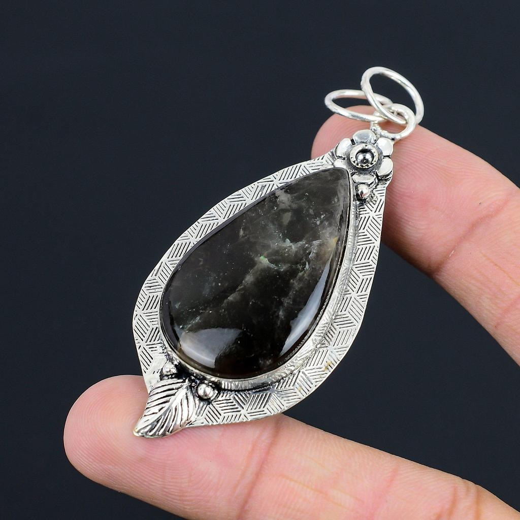 Daughters Day Sale 925 Sterling Silver Pear Fume Agate Gemstone Flower Pendant