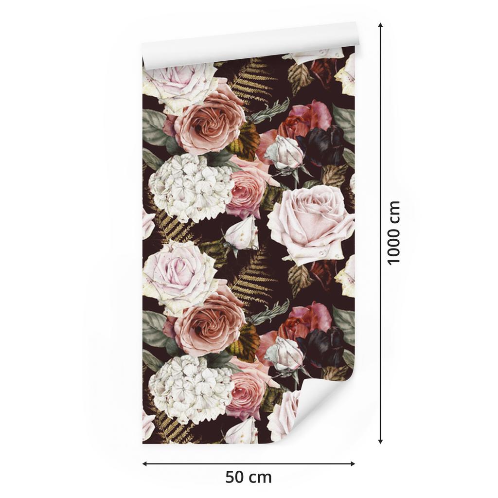 Roses and Fern Leaves Wallpaper for Living Room and Bedroom 50x1000