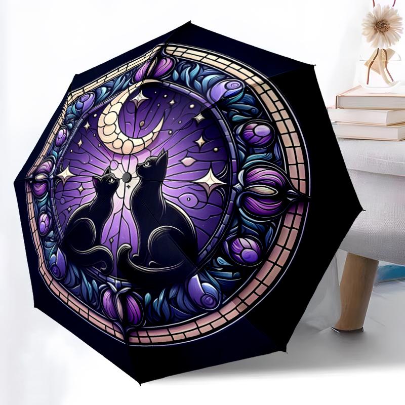 1pc Sturdy 8-Bone Auto Umbrella, Cat Woven Umbrella, Digital Printed, Foldable Umbrella for On-the-Go Outdoor Use
