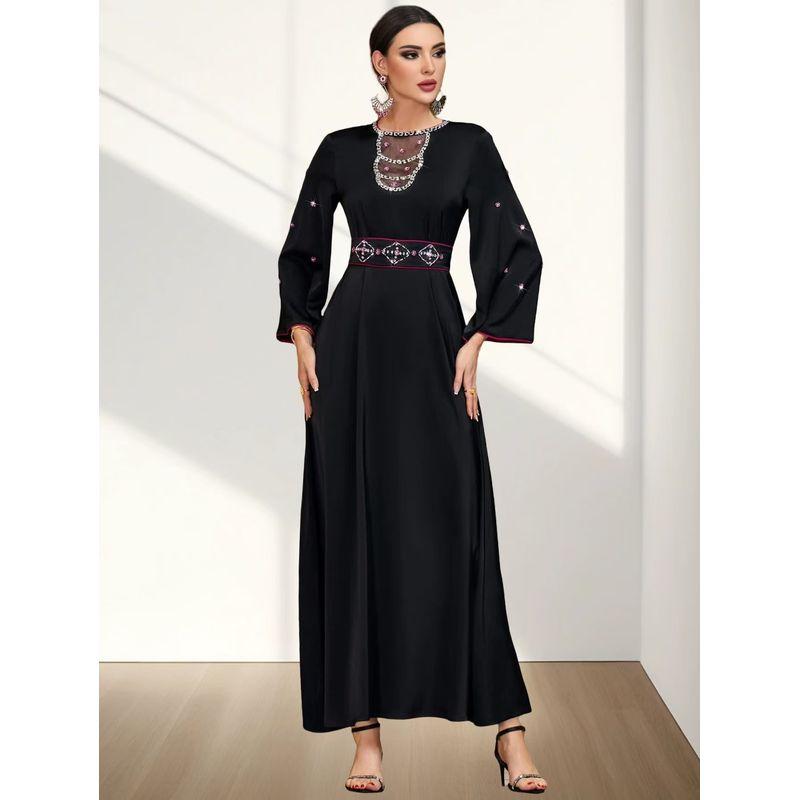 

New Arrival Middle East Satin Patchwork Mesh Hollow Rhinestone Robe Dress Diamond Studded Dress Black XL