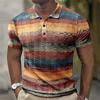Classic Men's Casual Retro Striped Digital-Print Short-Sleeve Polo Shirt Men's Outdoor Collared Button-Down Polo Shirt