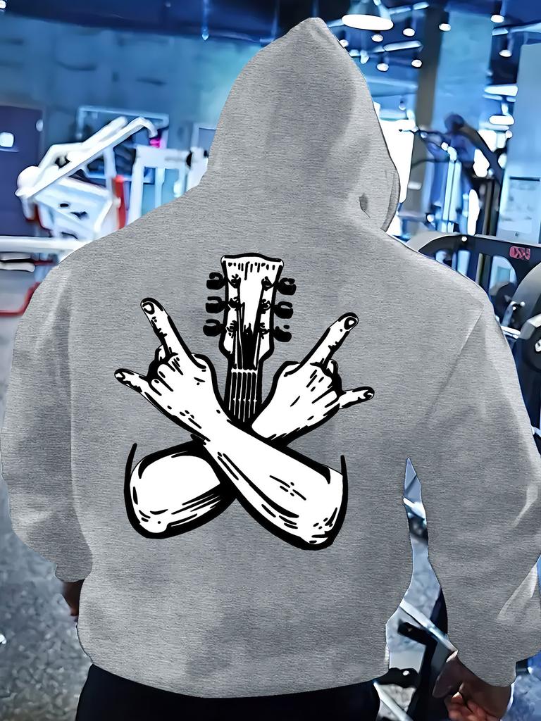 1Rock And Roll Hoodie for Men, Guitar Headstock & Metal Horns Hand Gesture Back Print Pullover Sweatshirt