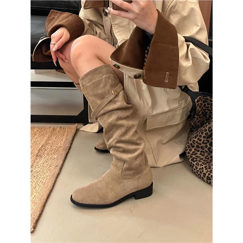 Coarse Heel Suede Khaki Pile Medium Tube Knight Boots Women's Shoes New Autumn and Winter Long Boots