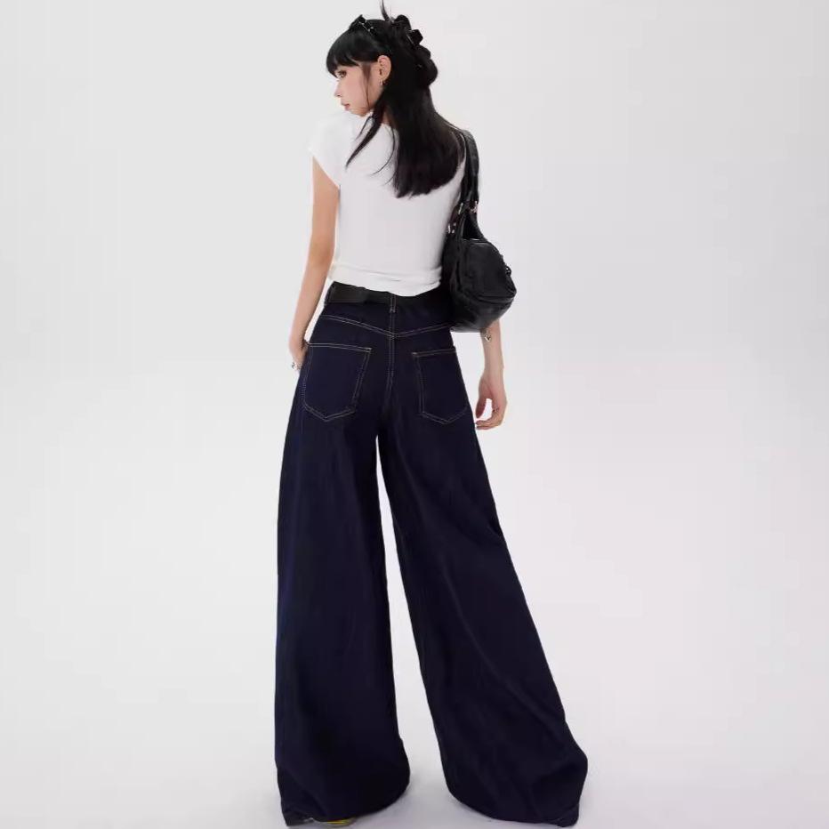 Spring Summer Women's Deep Blue Loose Wide Leg Jeans Street Cool Girl High Waist Baggy Pants Female Casual Straight Denim Trousers