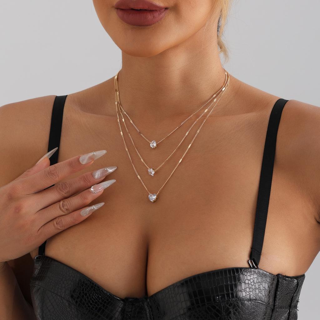 Simple Multi-Layer Pentagram Love Water Drop Pendant Retro Necklace Collarbone Chain Women