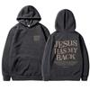 JESUS HAS MY BACK Velvet Hoodie Plain English Letter Slogan Print Kangaroo Pocket Drawstring Print Hoodie