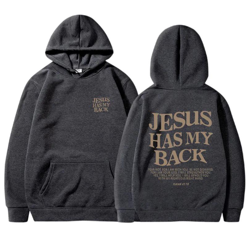 JESUS HAS MY BACK Velvet Hoodie Plain English Letter Slogan Print Kangaroo Pocket Drawstring Print Hoodie