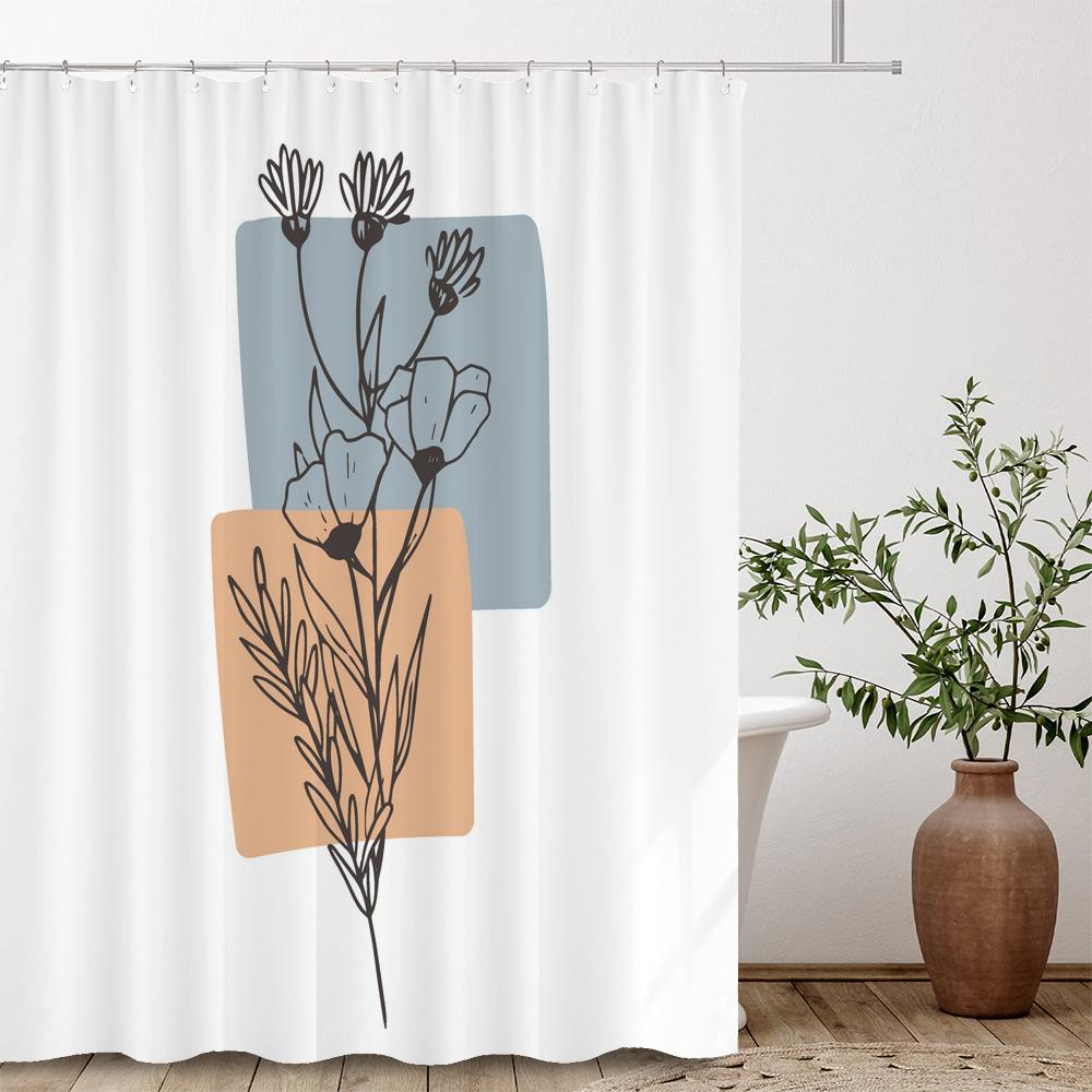 Nordic Abstract Minimalist Flowers Shower Curtain Decor Bathroom Curtain Floral Fabric Hanging Curtain Bathroom Decor With Hooks