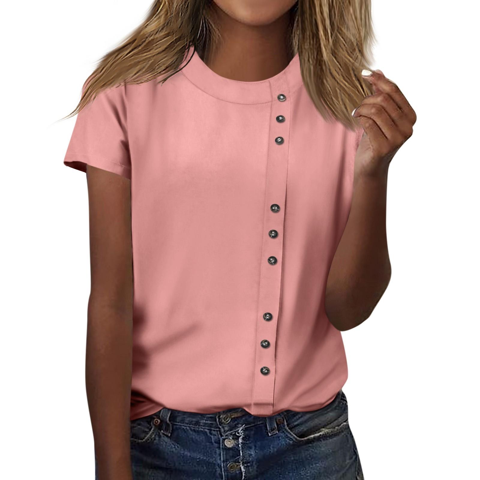 Женская модная повседневная футболка с круглым вырезом и декоративными пуговицами — фото 8