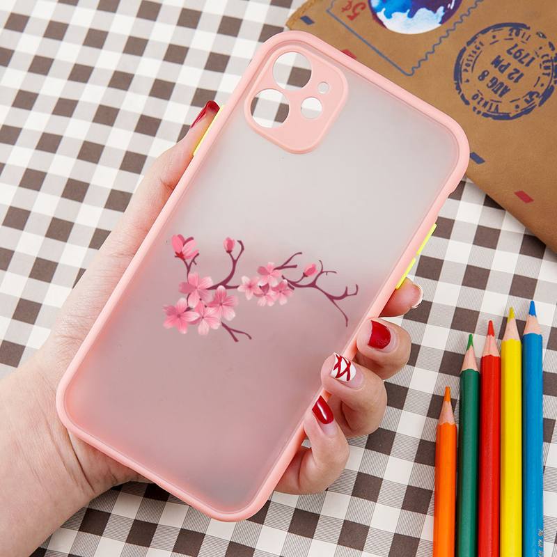 Pink Sakura Flower Cartoon Phone Case Matte Transparent  For Iphone 7 8 11 12 13 Plus Mini X Xs Xr Pro Max Cover