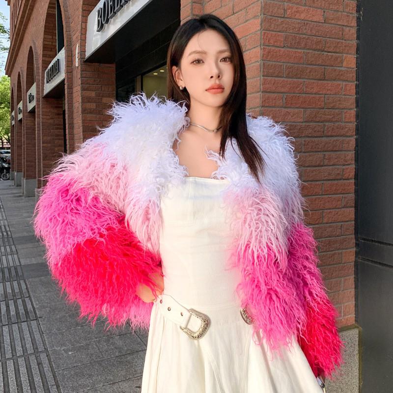 Short Faux Fur Coat Women Color Block Pink White Rose Winter Streetwear Round Neck Long Sleeve
