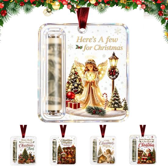 Money Gift Decor Christmas Cash Holder Ornament, Acrylic Angel Santa Cat Transparent for Xmas Tree, Holiday Party Hanging Decoration with Lanyard Easy