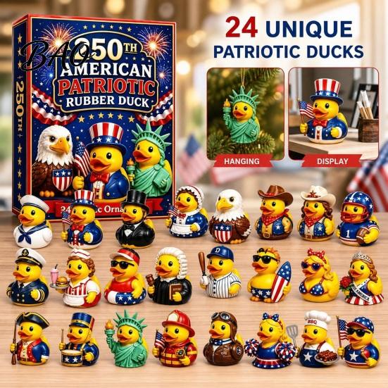 Acrylic Surprise Gift Boxes 2026 USA 250th Anniversary Rubber Duck Advent Calendar, 24-Day Patriotic Countdown Creative Holiday Kit Collection Box, 2D