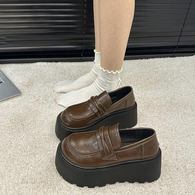 Versatile British Style Brown Retro Small Leather Shoes Platform Heightening Women's Autumn and Winter New Models
