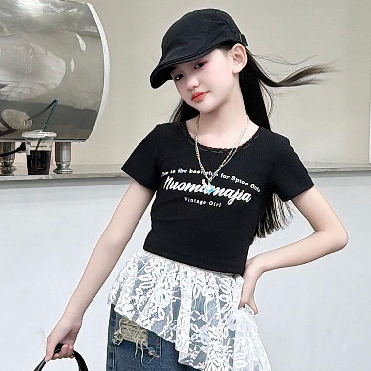 Girls' Trendy Backless T-Shirt & Jeans Set with Lace Jazz Dance Cover