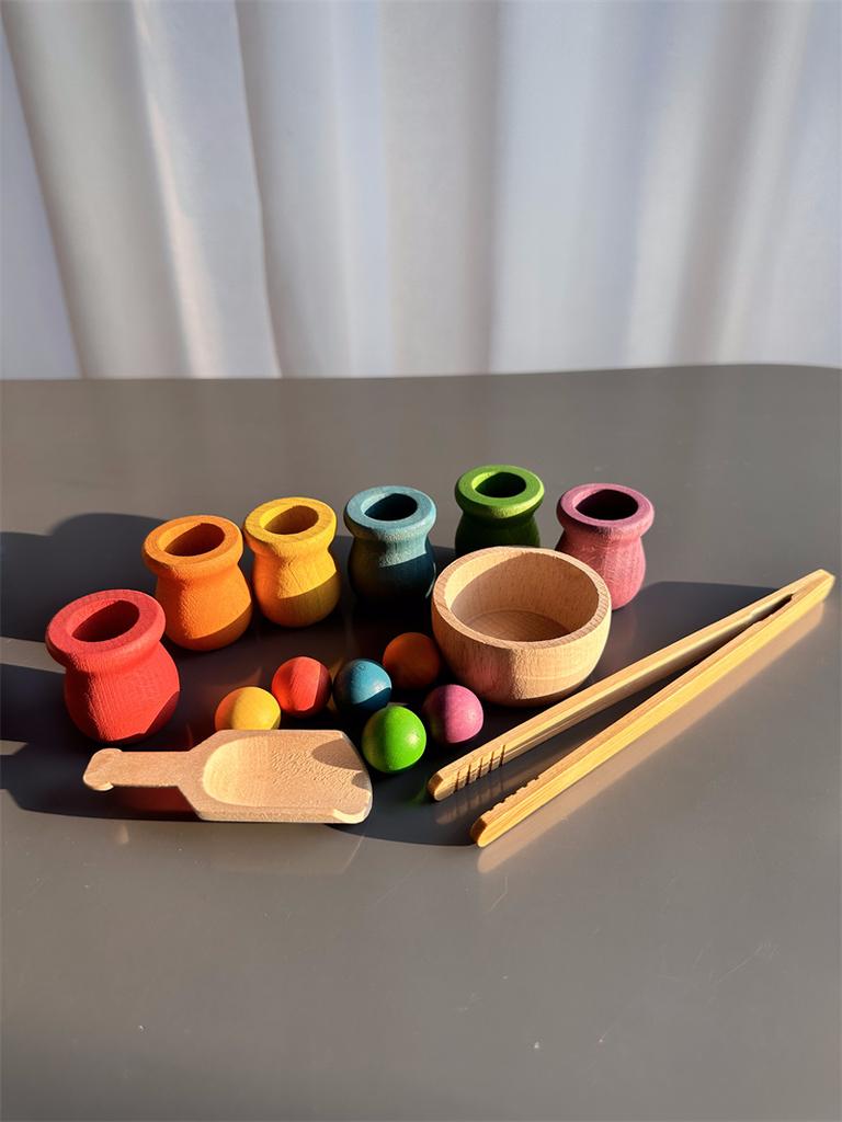 Beech Wooden Rainbow Sorting Toys Early Learning for Kids Pastel Pot Peg Dolls with Balls