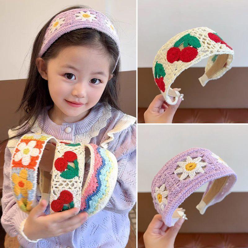 Children's sweet knitted embroidery wool flower headband girl finishing broken hair artifact wide edge headband hair accessories hairpin