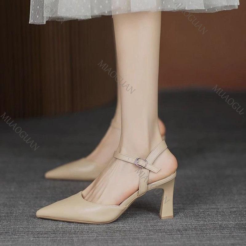 Fashion 2025 Summer Shoes for Women Thick High Heels Baotou Sandals Fashion Pointed Toe Soft Leather Solid Color Heeled Sandales Femmes