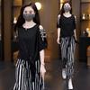 Fashion Suit Women's Summer Off-the-shoulder Irregular Blouse Striped Pants Large Size Two-piece Suit