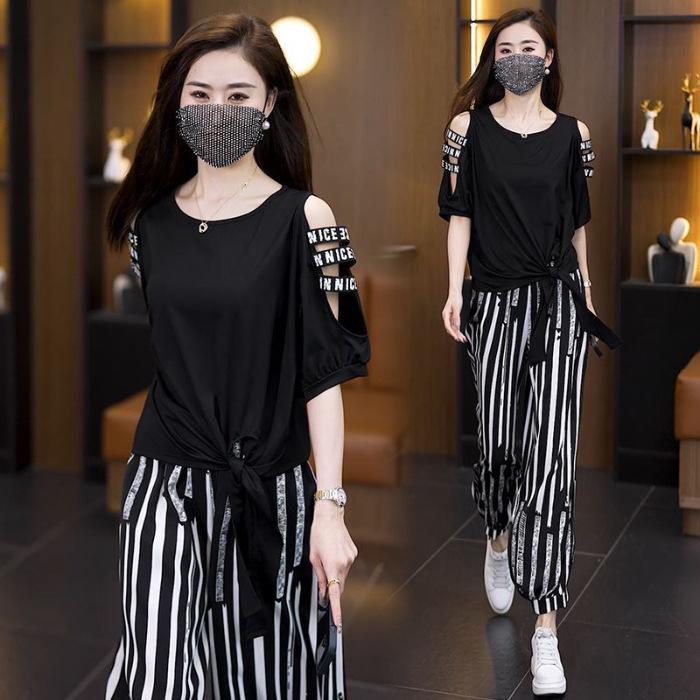 Fashion Suit Women's Summer Off-the-shoulder Irregular Blouse Striped Pants Large Size Two-piece Suit