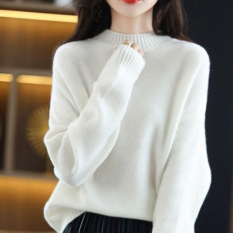 

Свитер женский осенне-зимний толстый свободный универсальный круглый вырез простой трикотажный базовый свитер однотонный минималистичный топ S белый