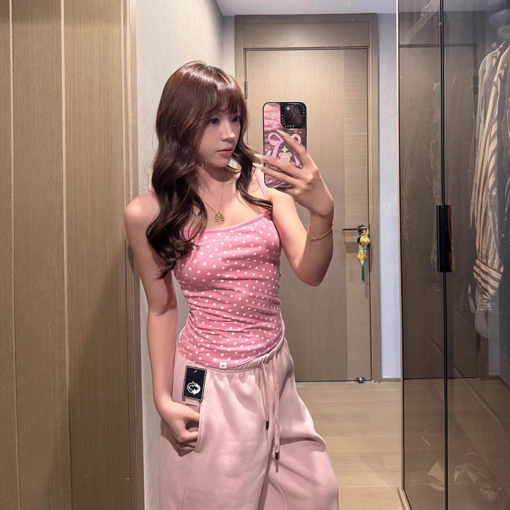 Sweet Spice Girl Pink Polka Dot Small Suspender Vest Women's Summer New Slim Skinny Versatile Good-looking Top Trend
