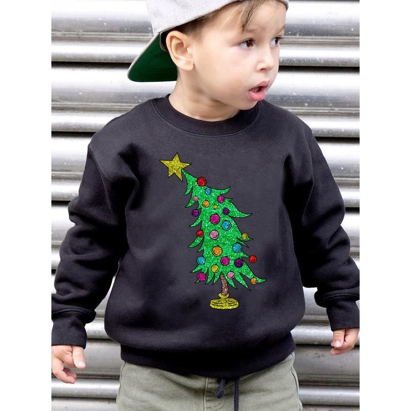 European Sizes CHRISTMAS Kids'  Fashion -Lined Sweatshirt with "Christmas Tree Bent by Ornaments" Print Loose Casual Long Sleeve Pullover