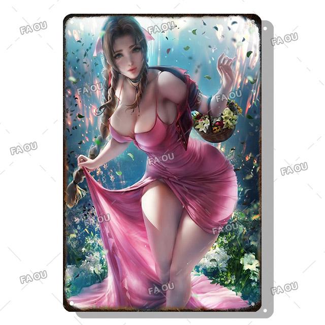 Sexy Anime Girl Metal Plate Game Figure Vintage Tin Sign Bar Club Art Decorative Plaques for Modern Home Room Wall Decor Poster