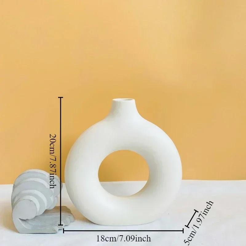 Creative Donut Shape Ceramic Vase Nordic White Circular Hollow Flower Vase Home Office Desktop Living Room Decoration Flower Pot