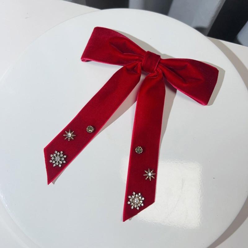Luxurious Velvets Bowknot Clip On Brooch with Rhinestones Snowflake for Christmas Parties Pre Tied Bows Tie Necktie