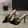 Fashion Liyke Street Fashion Bowknot Mesh Women Slippers Sandals Sexy Pointed Open Toe Black High Heels Mules Slides Party Banquet Shoes