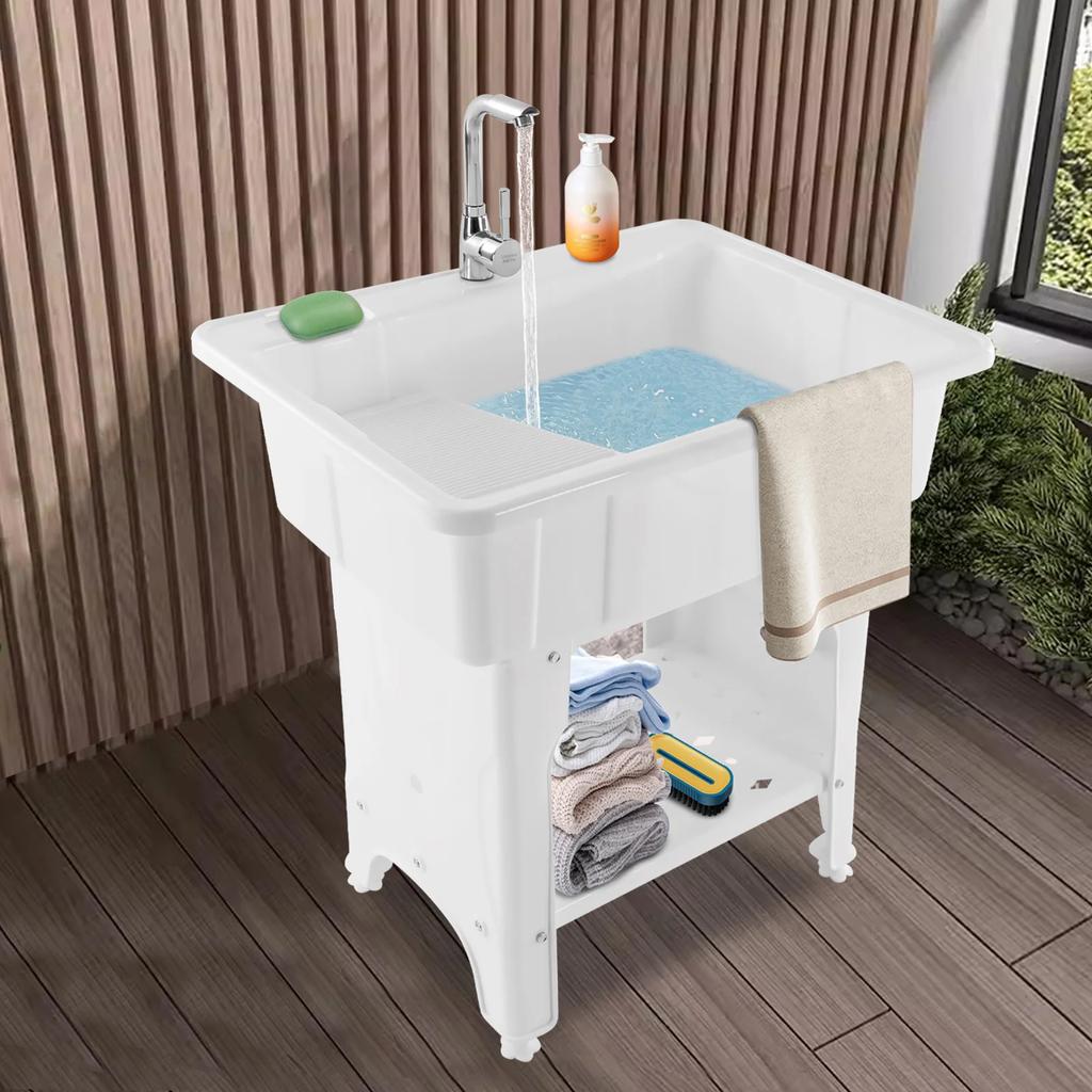 Portable Utility Sink Laundry Tub, Outdoor Freestand Utility Sink Plastic Laundry Sink White 70kg/154lbs for laundry, bathrooms