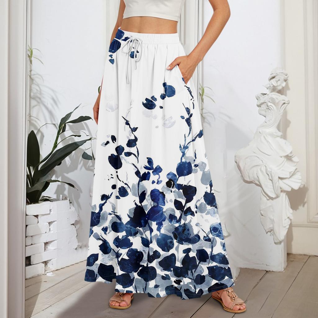 Women's Flowy Flared Ruffle Hem A Line Maxi Skirts Elastic Waist Elegant Tiered Layer Boho Long Skirts