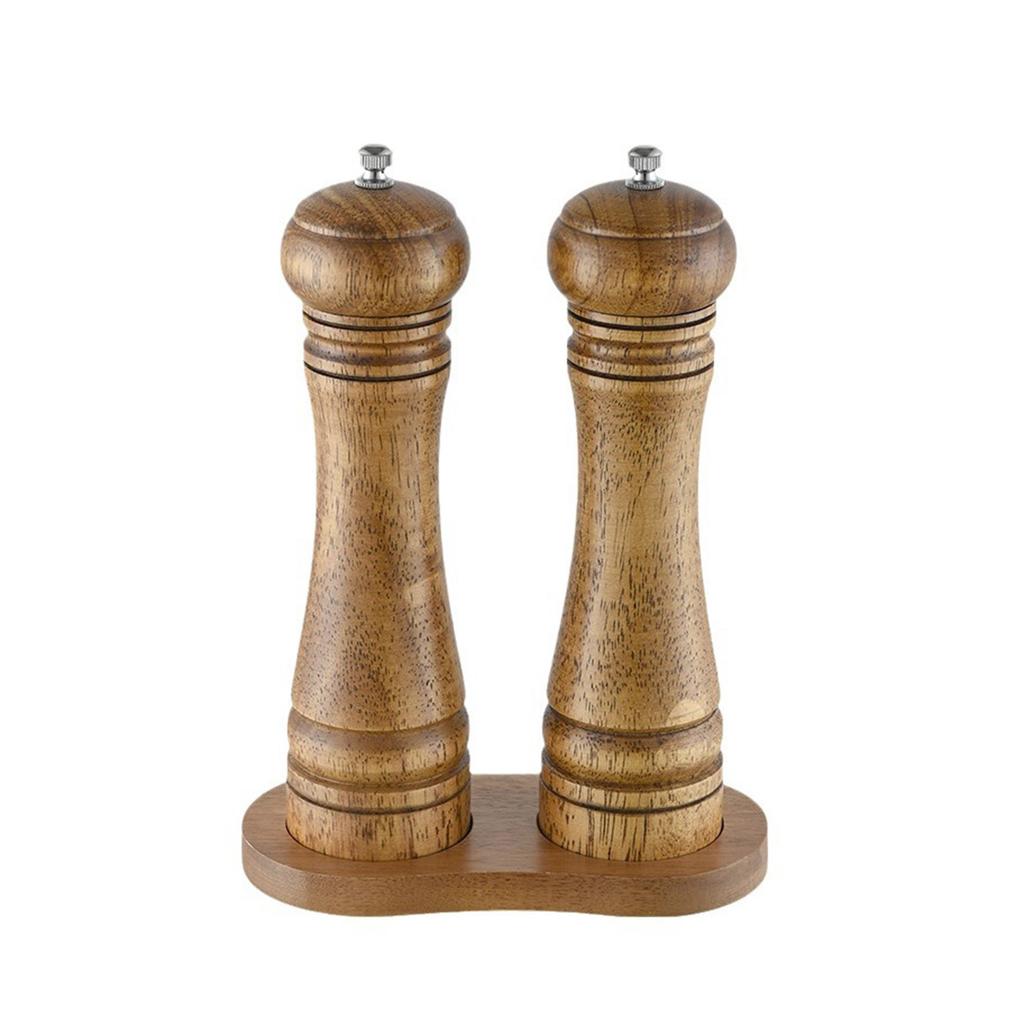Wooden Pepper Mill Set of 2 with Base, Premium Ceramic Grinder Core, Adjustable Coarseness for Salt & Spices, Kitchen Tool