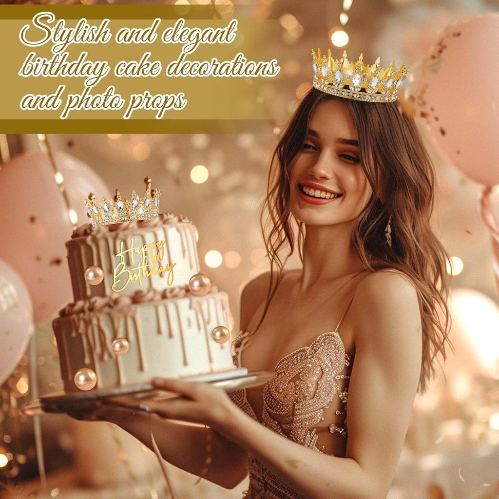 8Pcs Queen Crown Birthday Cake Topper for Women Rhinestone Crystal Tiara Wedding Happy Birthday Cake Decoration