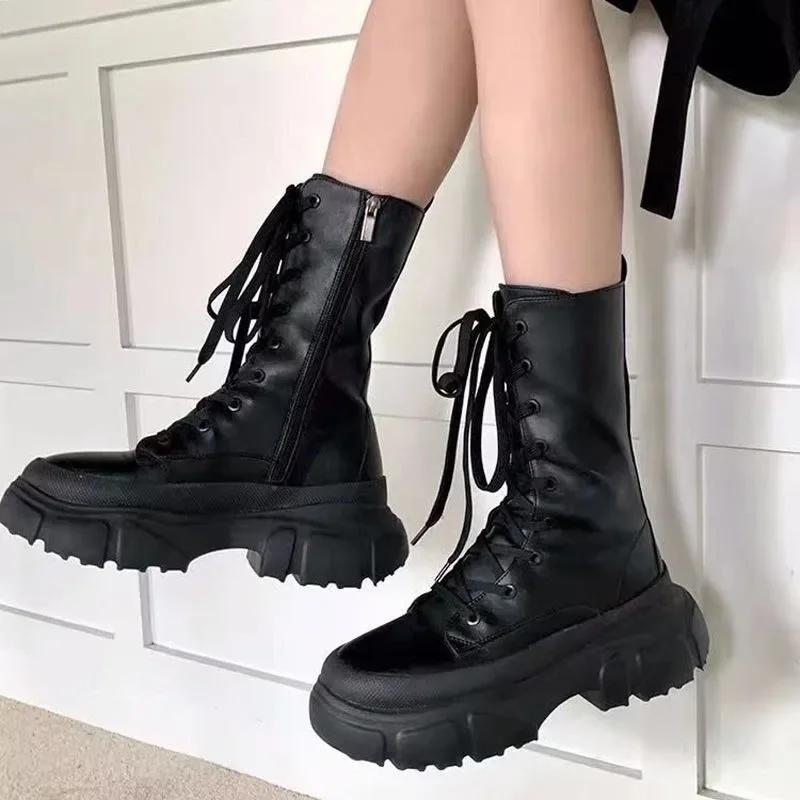 Women's Half High Boots Round Toe Middle Heel Biker Demi-season On Offer Large Size Warm Boot Hot New Rock Ladies Mid Calf Shoes