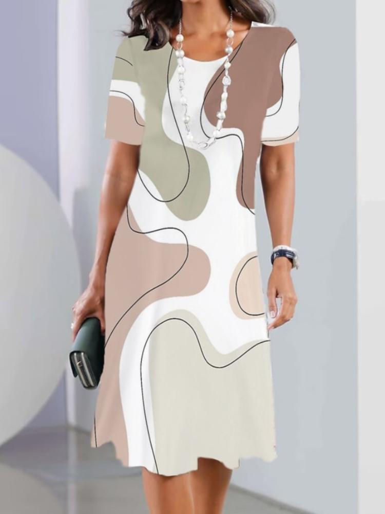 Summer Women's Round Neck Short Sleeve Printed Fashion Loose Midi Dress