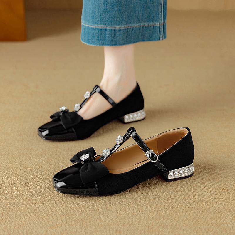 Krazing Pot Sheepskin Summer Size 40 Crystal Low Heels Butterfly-knot Rhinestone Flowers Square Toe Elegant Sweety Pumps