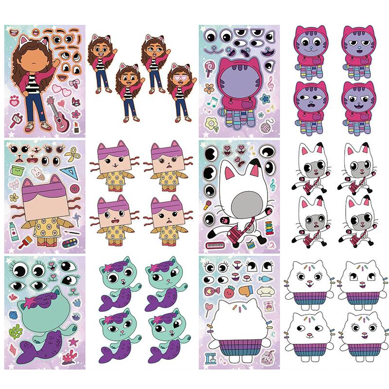 6Sheets Gabby'S Dollhouse Make A Face Puzzle Stickers Cartoon Parent-Child Interactive Puzzle Ledger Diy Face Stickers